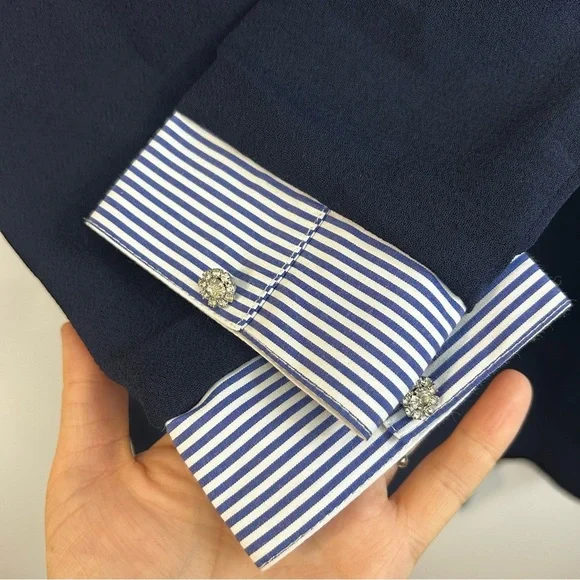 Sandro Gigi Blue Sandro Sheath Mini Dress w/ Striped Rhinestone Cuffs Medium - Picture 11 of 13